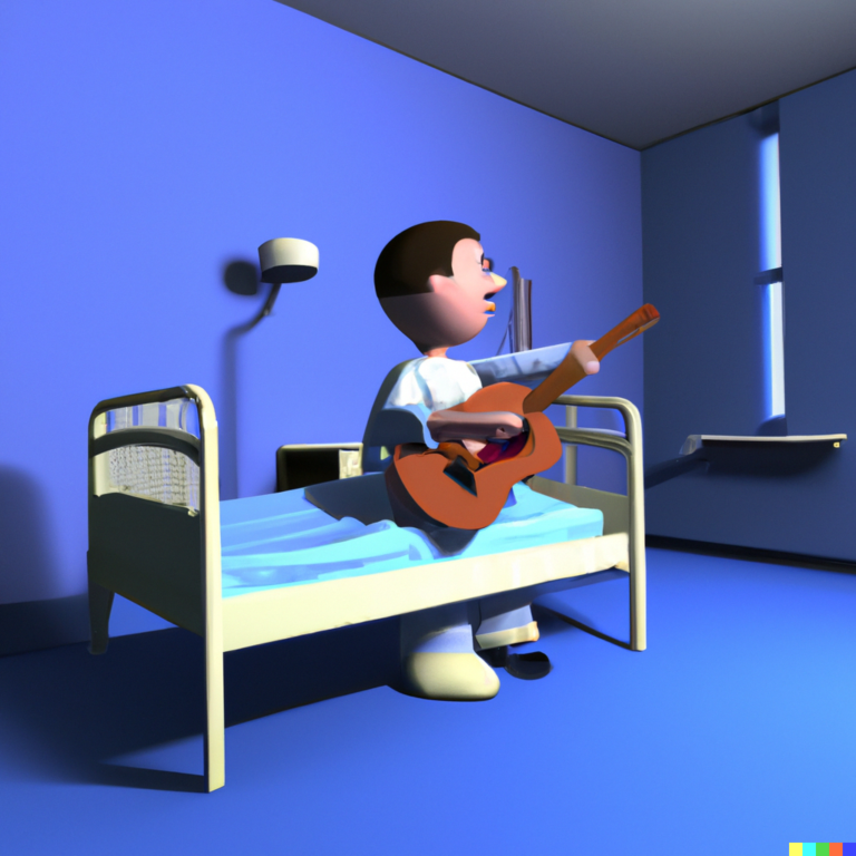 DALL·E 2023-09-10 13.49.58 - A 3D render of a musician playing in a hospital ward